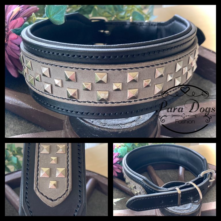 Lederhalsband 5 cm breit mit zusätzlichem Lederriemen und Nieten verziert